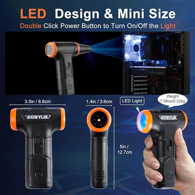 Canned Air Duster for Computers, 220000RPM Compressed Air, Stepless Electric Air Duster with LED, Compressed Air Can Replacement Air Blower for Car, PC, Electronics