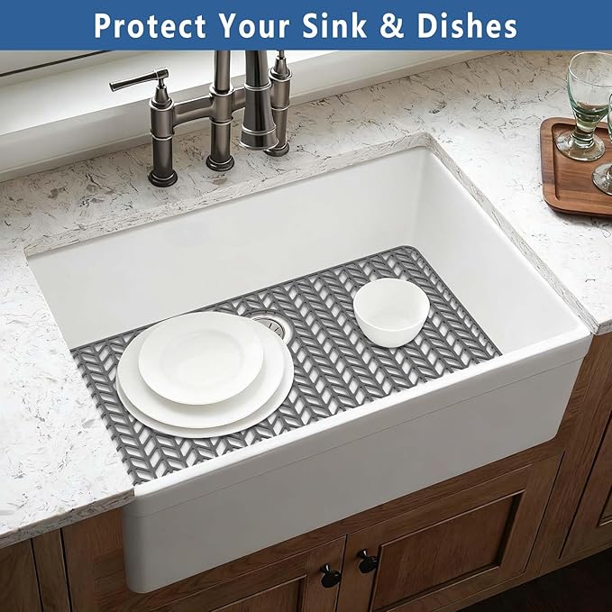 AWOKE Large Silicone Sink Protectors for Kitchen Sink, 30" x 16" Rear Drain Hole, Sink Mat for Bottom of Farmhouse Kitchen Stainless Steel Sinks, Raised Feet/Heat Resistant/Non-slip (Gray)