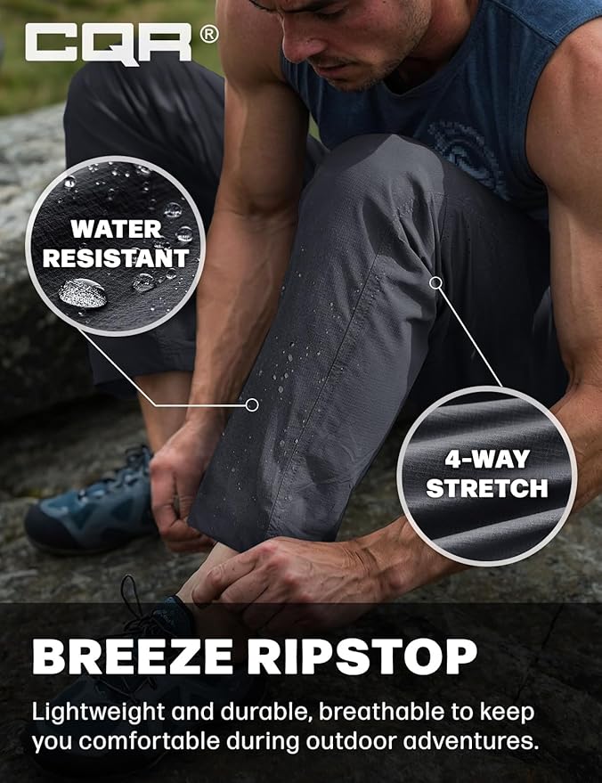 CQR Men's Lightweight Vent Hiking Pants, Water-Resistant & Breathable Sports Outdoor Athletic Pants with Elastic Waist