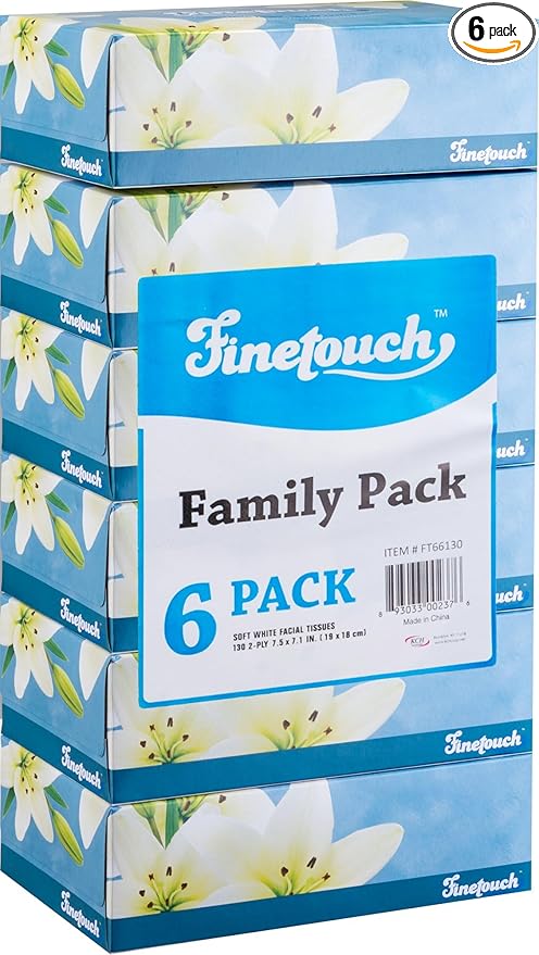Finetouch 2-Ply Facial Tissues – 6 Boxes of 130 Soft Tissues (780 Total) – Strong & Gentle Tissue for Home, Office, or Travel Use