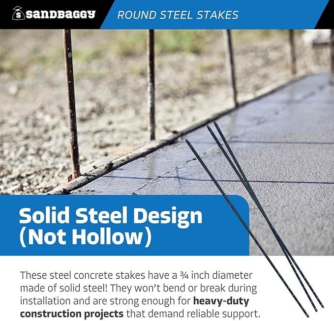 Sandbaggy 72" Round Steel Concrete Form Stakes with Nail Holes - Rust Resistant Coating - Removable, Reusable (1)