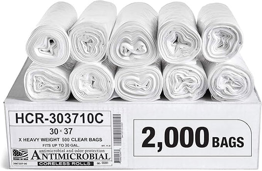 Aluf Plastics High Density Trash Bags, 30 Gallon, 2000 Count, 10 Micron (eq), 30" x 37", Clear, for Bathroom, Office, Industrial, Commercial, Janitorial, Municipal, Recycling