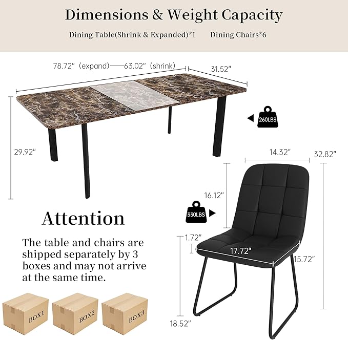 Extendable Dining Table Set for 6-8 People, 63 to 78.7 Inch MDF Kitchen Table with 6 Upholstered Chairs, Space-Saving for Dining Room, Breakfast Nook (Brown Table & 6 Black U-Shaped Chairs)