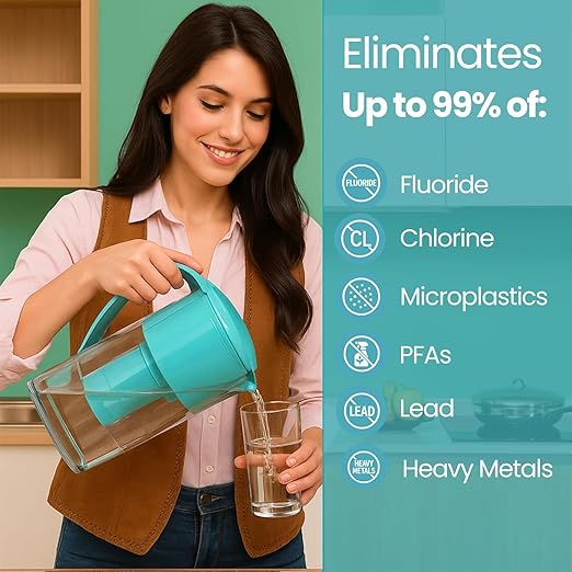 Alkanatur Drops Low Emission Water Filter Pitcher - Hydrogenates + Ionizes + Provides Magnesium Removes Chlorine, Metals, Fluorides, Microplastics, and More - Certifeid UNE 149101:2015