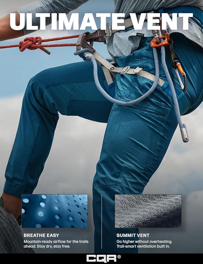 CQR Men's Lightweight Vent Hiking Pants, Water-Resistant & Breathable Sports Outdoor Athletic Pants with Elastic Waist