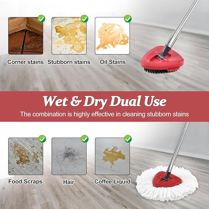 Spin Mop Handle Replacement for Ocedar, Mop Heads Replacements Compatible with O-Cedar EasyWring 1-Tank System, Include 4-Section Handle, 2 Replace Heads,1 Scrub Brush, 1 Base for O Cedar Spin Mops