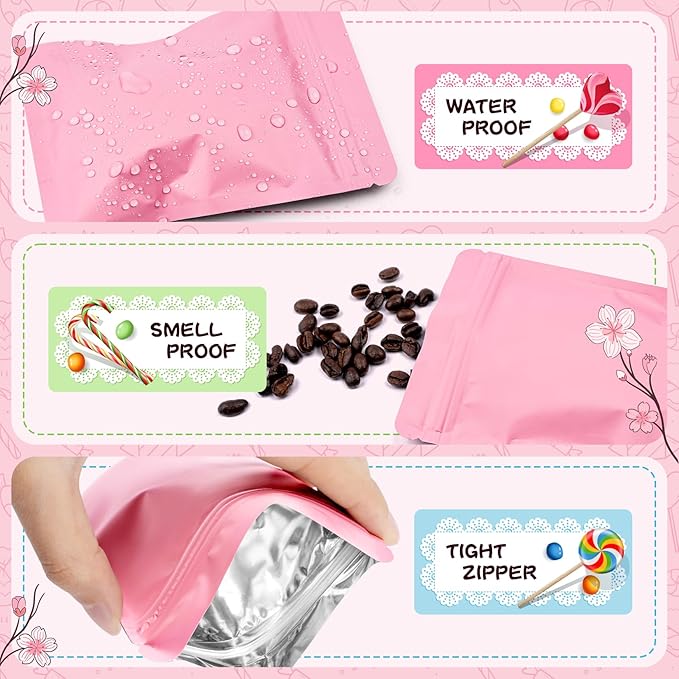 Funfery 100 Pack Pink Mylar Packaging Bags Resealable Bags Double Sided Color Odor Proof Pouch Baggies Smell Proof Foil Bag for Food Storage,Small Business(Pink,3.5x6.3inch)