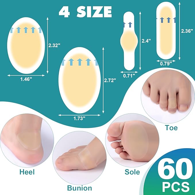 60pcs Hydrocolloid Blister Bandages,Gel Blister Bandages for Feet,Waterproof Blister Pads for Feet, Heel,Toe,Blister Prevention & Recovery, Blister Cushions with 4 Shapes