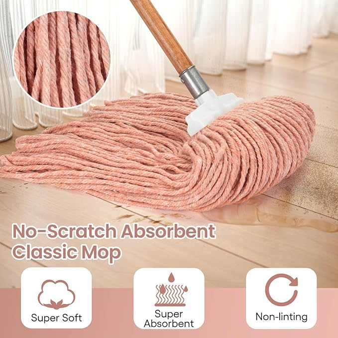 Matthew Cleaning Screw-on Heavy Duty Cotton Wet Mop Replacement Heads(Orange, Large,3Pack) with 2 Pack Microfiber Cloth for Residential & Commercial Floor Cleaning Use- Fit Standard American Screw