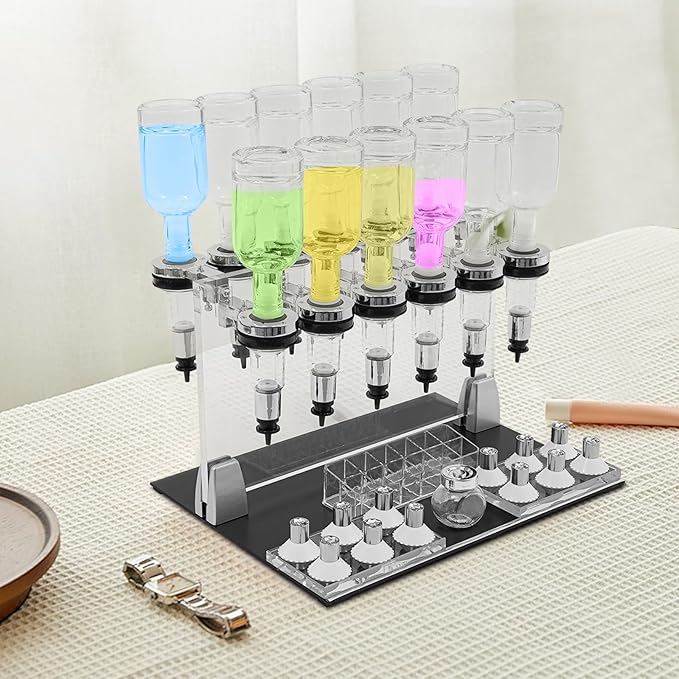 Manual Perfume Dispenser 12 Bottle Station, Liquid Filling Machine Transfer Kit with 12 Pump Heads and 12 Testing Cups for Stores and Bars