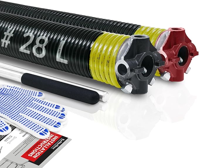 Pair of 2" Garage Door Torsion Springs Set with Non-Slip Winding Bar & Gloves,High Precision Electrophoresis Black Coated, for Replacement & Installation, MIN 16,000 Cycles (0.207x2''x28'')