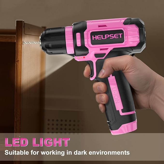 8V Cordless Drill Driver Set - 3/8" Keyless Chuck, 15pcs Drill Bits Included, Built-in LED Light for Drilling & Screwing, Comes with Toolbox for Storage (Pink)