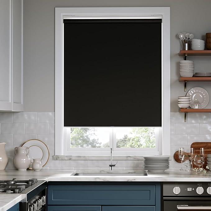Cordless Roller Shades Blackout Blinds for Windows Room Darkening Rolled Up Shades with Spring System, UV Protection Window Shades Door Blinds for Home and Office (Black, 30" W x 72" H)