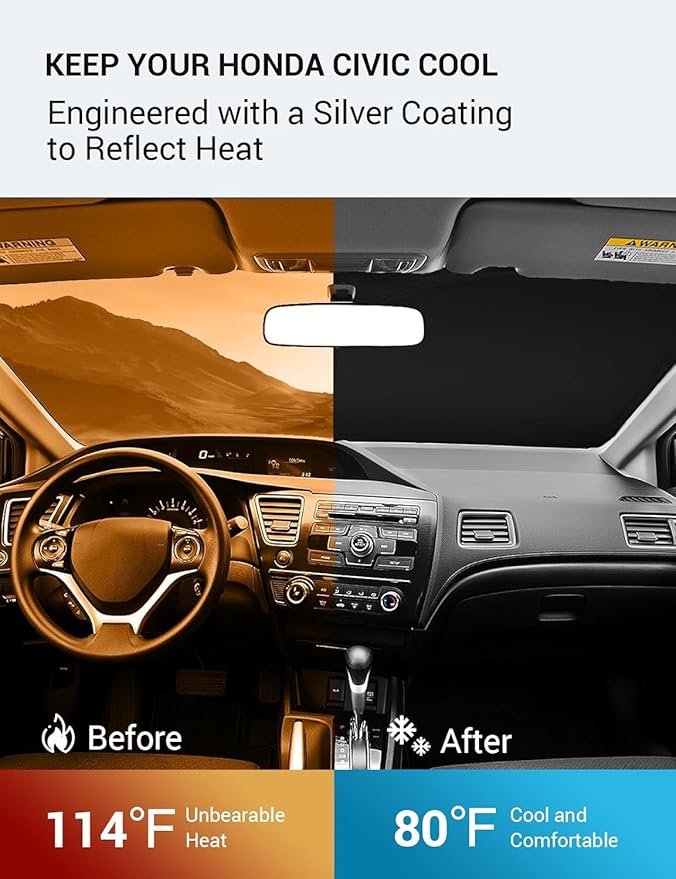 Proadsy 2025 Upgrade Windshield Sun Shade Custom Fit 2012-2015 Honda Civic Foldable Front Sunshade Protector Sun Visor Blocks UV Rays Keep Car Cooler