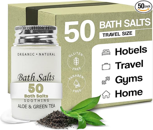 Soothing Aloe & Green Tea Bath Salts | 1.2oz Single-Use Hospitality/Travel Size Jar | Case of 50