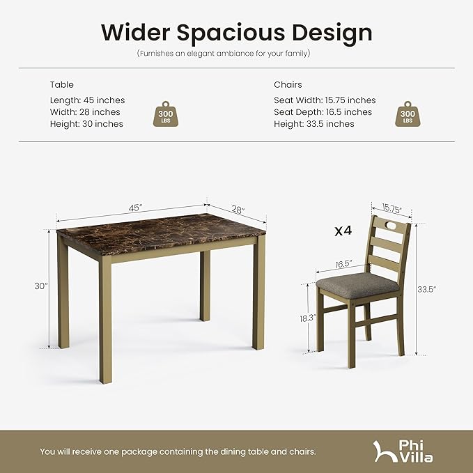 PHI VILLA Dining Table Set for 4, Modern Farmhouse Kitchen Table Set, Faux Marble Dining Table and 4 Cushioned Chairs, Solid Rubber Wood Dining Room Table Set, Emperador Dark Marble& Olive