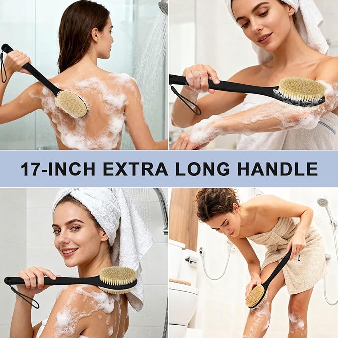 Back Scrubber, Back Scrubber for Shower, Bath Brush Long Handle for Shower with Double Sided Bristles for Wet or Dry Brushing (Black)