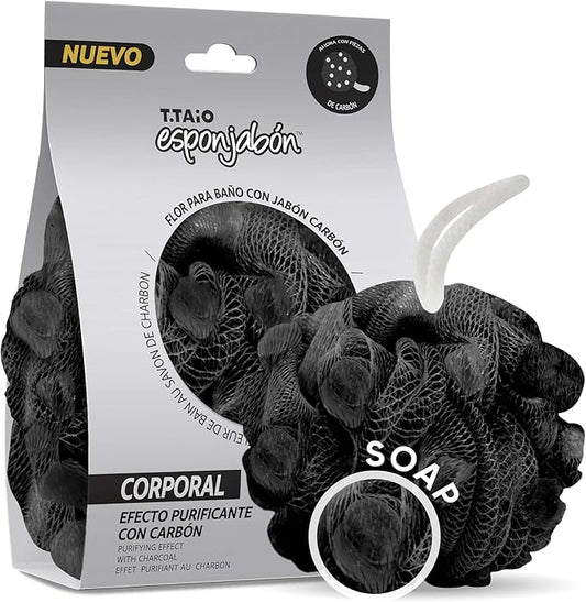 T.Taio Esponjabon Shower Bath Puff Soap Sponge- Loofah Luffa Loufa Body Wash Ball - Mesh Pouf Scrubber for Full Cleanse Lather Skin Care - Essential Beauty Bathroom Accessories - Charcoal Scent