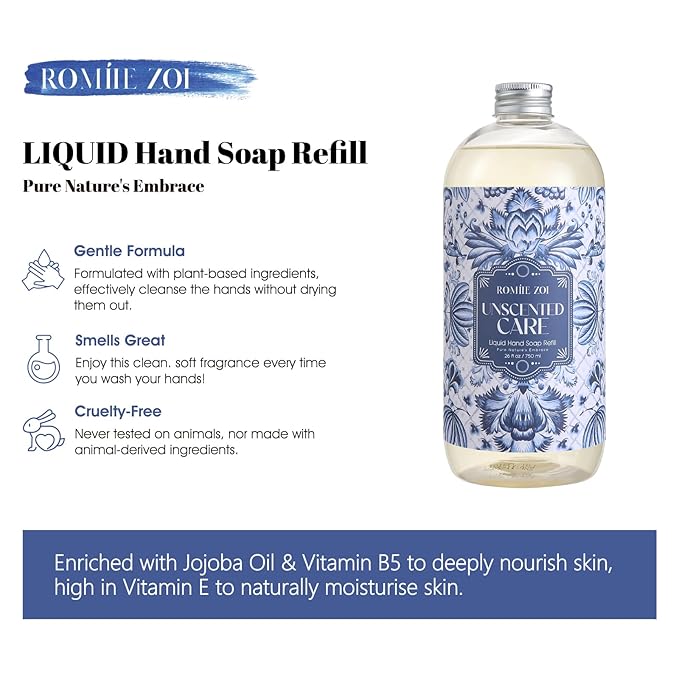 ROMIIE ZOI Liquid Hand Soap Refill, Unscented, Gentle & Moisturizing Formula, 750 ML/ 26 FL OZ