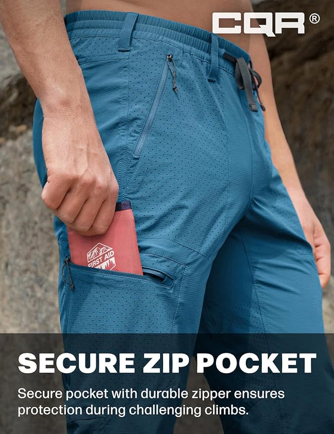 CQR Men's Lightweight Vent Hiking Pants, Water-Resistant & Breathable Sports Outdoor Athletic Pants with Elastic Waist