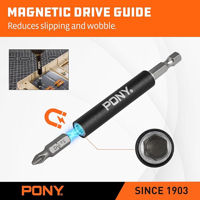 PONY 45-Piece Screwdriver Bit Set with Tough Case, 1/4" Hex S2 Steel Screwdriver Bits, Precision-Machined Tip, 1", 2" & 3-1/2" Bits with Magnetic Drive Guide & Magnetic Nut Drivers for DIY Projects