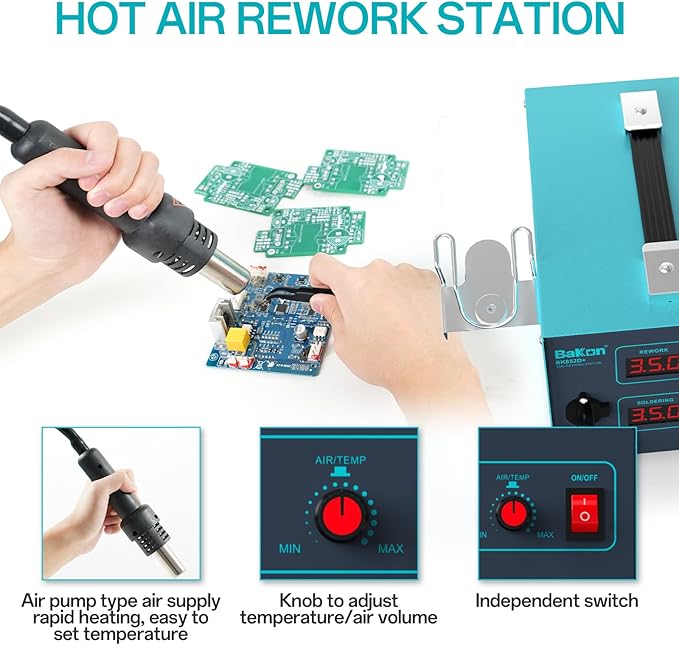 Bakon 852d+ Heat Gun And Soldering Iron 2-In-1 Kit, Smd Hot Air Rework Soldering Station, Multiple Functions Electronics Kit, Led Digital Display, Knob Type Adjustable Temperature