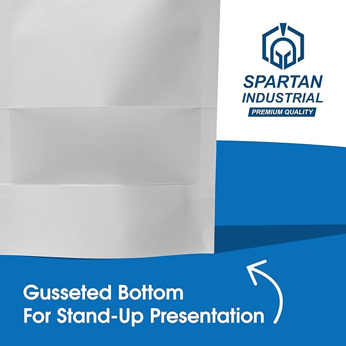 Spartan Industrial - 7" X 10" White Stand-Up Pouch Bags - Pack of 100 Large Smell-Proof Storage Bags for Bulk Food Packaging, Homemade Treats, Bath Products, and More