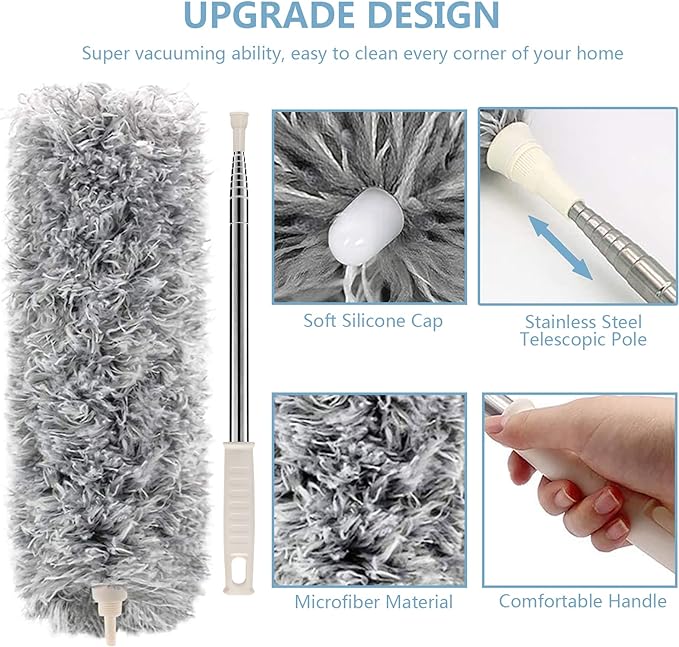 Microfiber Duster with Extension Pole(Stainless Steel) 30 to 100'', with Bendable Head, Extendable Long Duster for Cleaning Ceiling Fan, High Ceiling, Keyboard, Furniture Cars
