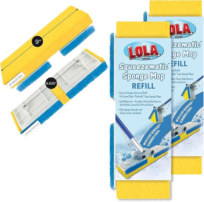 LOLA Squeeze Matic Butterfly Sponge Mop Refill, 9", 2 Pack Replacement Head, Floor Cleaning, Comparable w/Quickie Type S Sponge Mop Refill