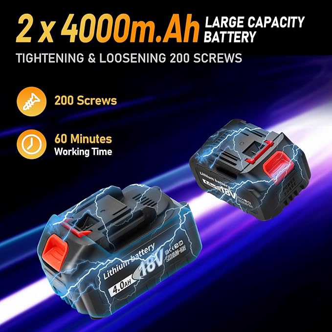 1000Nm(738ft-lbs) Cordless Impact Wrench 1/2 inch, High Torque Brushless Impact Gun w/Two 4.0AH Battery, with Storage Case, Electric Impact Wrench for Car Truck, RV/Mower