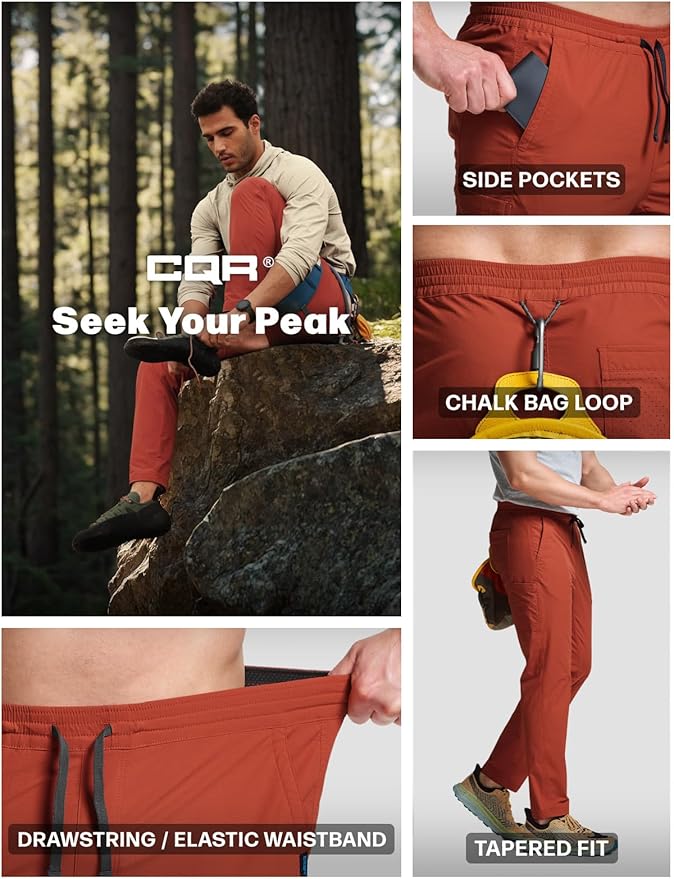 CQR Men's Lightweight Vent Hiking Pants, Water-Resistant & Breathable Sports Outdoor Athletic Pants with Elastic Waist