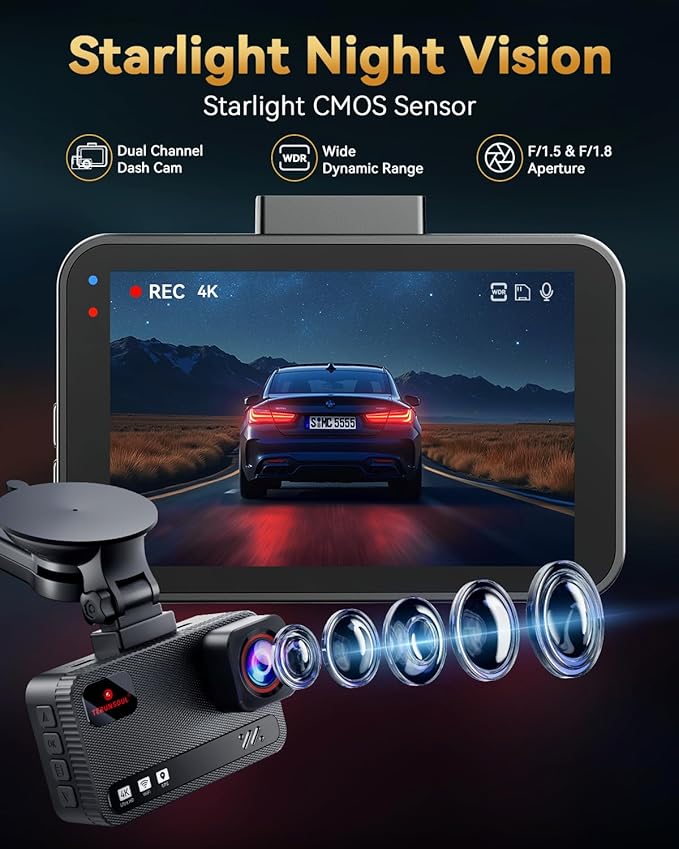 4K+4K Dash Cam Front and Rear, Free 128GB Card Included, 5.8GHz WiFi Dash Camera for Cars, Built-in GPS, G-Sensor, 170°Wide Angle, 3" IPS Screen, 24H Parking Mode, Support 512GB Max