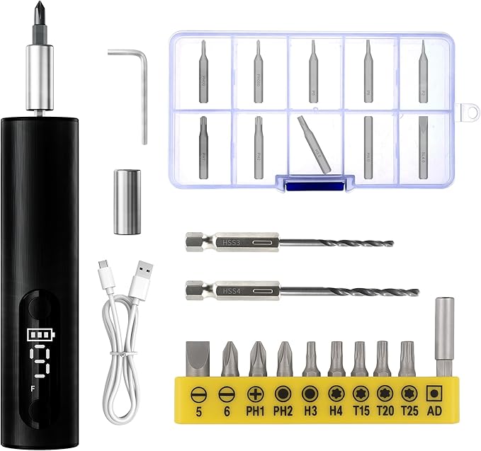 Wireless Charging Electric Screwdriver Set - Mini Precision Drill with Magnetic Bits, for Electronics/Phone/Watch Repair, DIY & Home Appliances,Multi-Functional Mini screwdriver kit (Black)