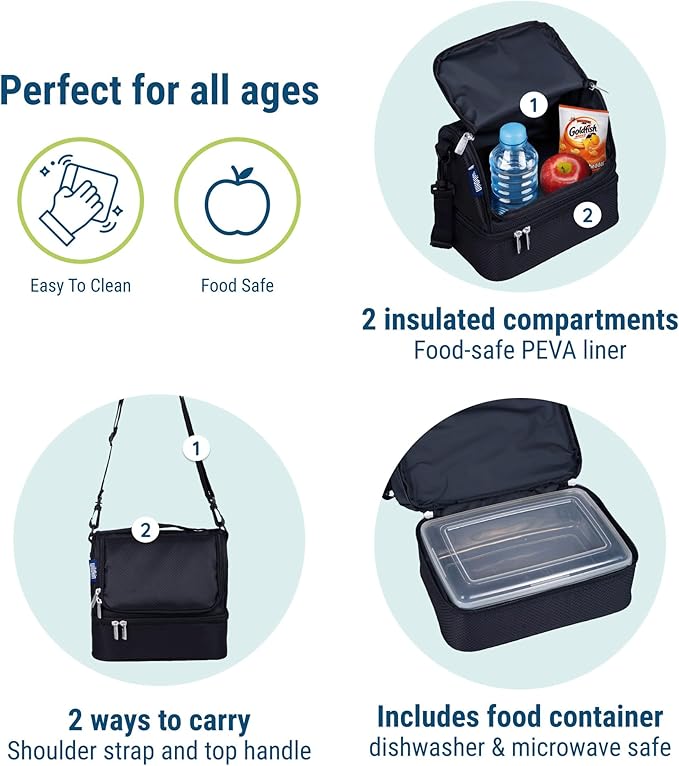 Wildkin Two Compartment Insulated Lunch Bag for Kids – School & Travel Ready - Rip-Stop Black