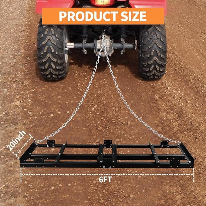 Drag Harrow Driveway Grader, Heavy Duty Power Rake, Driveway Drag for Gravel W/ 4 FT Chain, Tow Behind Lawn Rake for ATV, UTV, Tractor, Mower, Land Leveler for Gravel, Sand, Soil, Hay,6FT