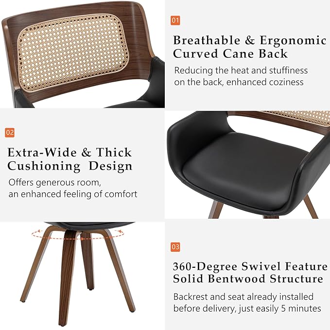 Set of 1 Swivel Dining Chairs - MCM Dining Chairs with Faux Leather Curved Arms, Cane Back, Walnut Bentwood Frame, Ideal for Kitchen/Living Room/Restaurant (Black)