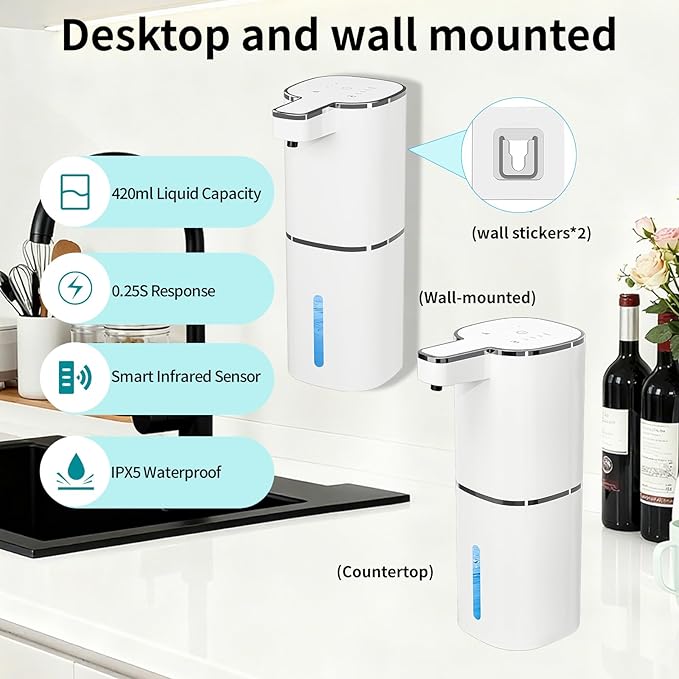 Automatic Soap Dispenser Touchless, Wall Mounted Smart Soap Dispenser, USB Rechargeable, 4 Adjustable Levels, 14.2oz / 420ml Large Capacity, for Bathroom, Kitchen, School (White, Liquid)