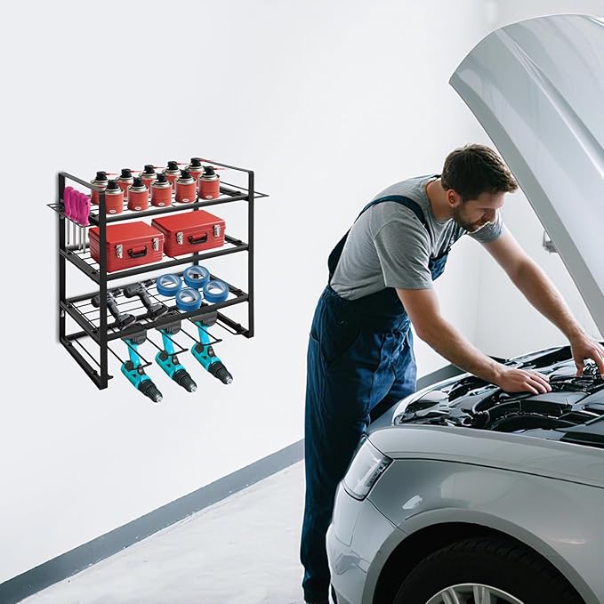 4-Tier Heavy Duty Tool Organizer Rack, Wall Mounted Tool Holder with Hooks, 132 lbs Capacity Carbon Steel Garage Storage Rack for Garages, Workshops, Repair Shops, Black
