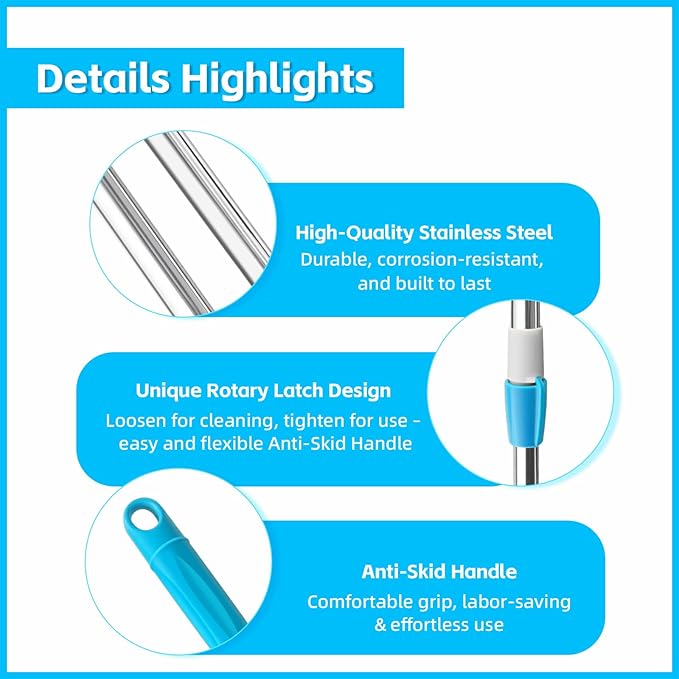 Spin Mop Replacement Handle, 47.6-inch 360 Degrees Rotating Telescopic Replacement Mop Stick with a Robust Stainless Steel Disc for Spin Mop Bucket Cleaning System (Stainless Steel Disc,Blue)