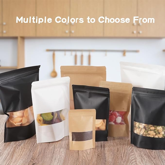100 Pcs White Kraft Paper Bags with Window, 5.9" x 8.6" Stand Up Pouches Bags, Food Storage for Packaging Products, Reusable, Sealable
