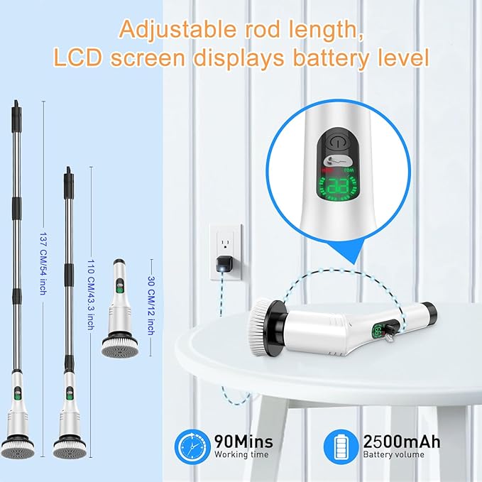 IPX7 Waterproof Electric Spin Scrubber, Power Cleaner with 9 Brush Heads, LED Battery Display, 2 Speeds Adjustable Long Handle for Kitchen Bathroom, Shower, Tile & Car Cleaning (A-White)