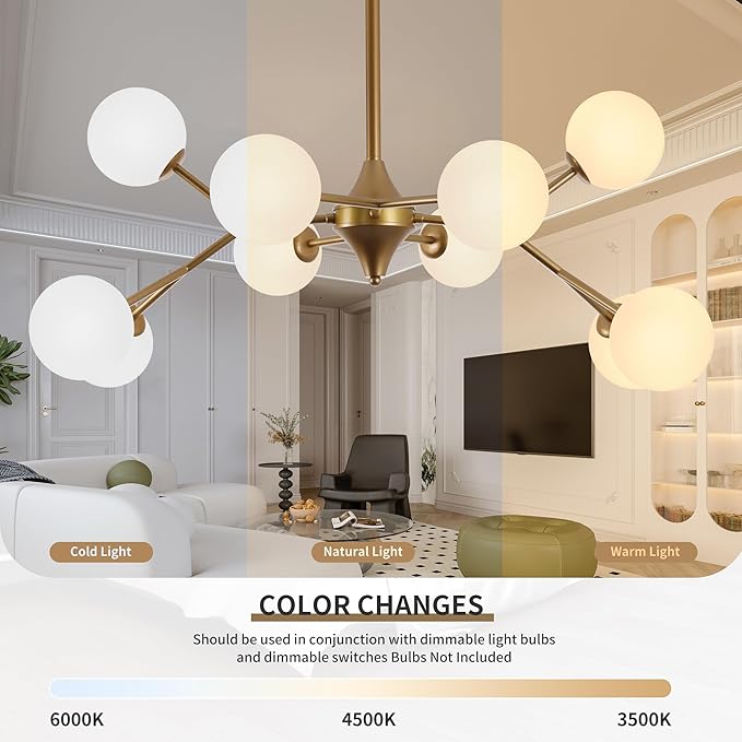 COCOSTAR Reddish Sand Gold Dining Room Chandelier, 10 Lights Modern Sputnik Chandelier for Kitchen Island Living Room Bedroom, Ceiling Light Fixture Over Table, G9 Base