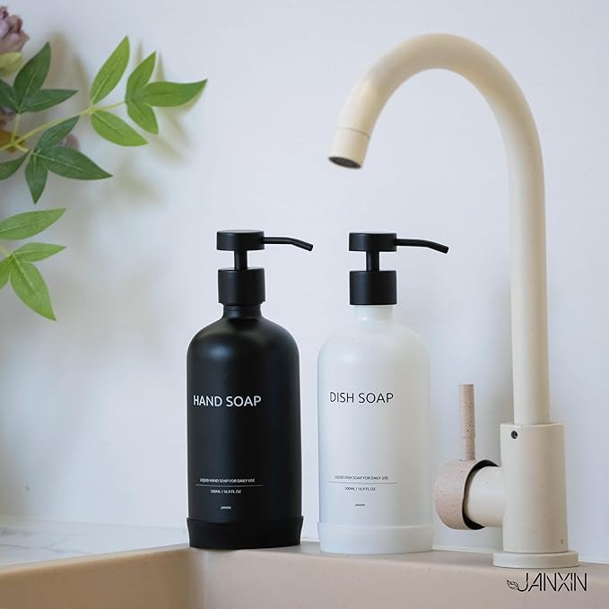 Kitchen Soap Dispenser Set with Non-Slip Protective Silicone Pad,Hand Soap Dispenser for Kitchen and Bathroom Decor, White and Black Kitchen Accessories (White Bottles+Black Bottles)