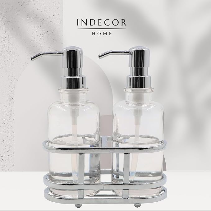 3 Piece Round Heavy Weight Glass Soap Lotion Pump Dispenser Set with Metal Caddy for Home Bath Kitchen Travel Office Hand Crafted Metal Tray Chrome