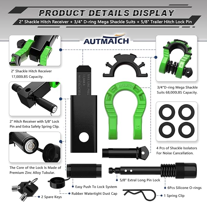 AUTMATCH Shackle Hitch Receiver 2" with 3/4" Mega D Ring Shackle and 5/8" Trailer Hitch Lock Pin, 68,000 Lbs Break Strength Heavy Duty Receiver Towing Kit for Off-Road Vehicle Recovery, Black & Green