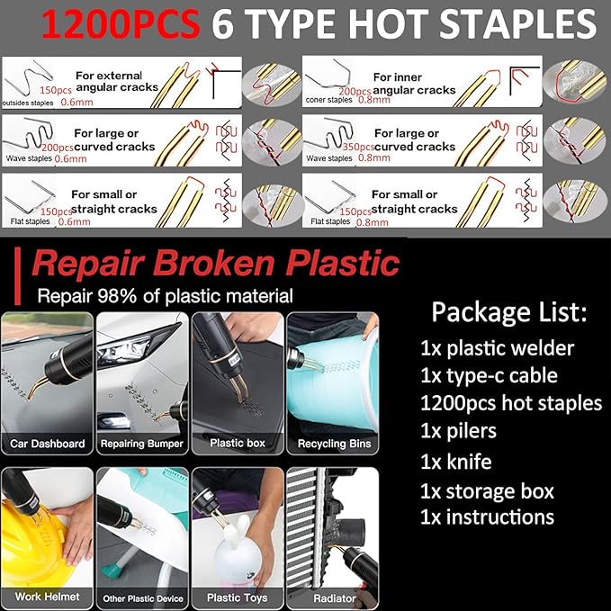 200W Cordless Plastic Welder, Plastic Welding Kit with 1200PCS Hot Stapler, USB Rechargeable Plastic Welder Gun with 5000mAh Battery, Plastic Weld Bumper Repair Kit for Most Plastic Repair