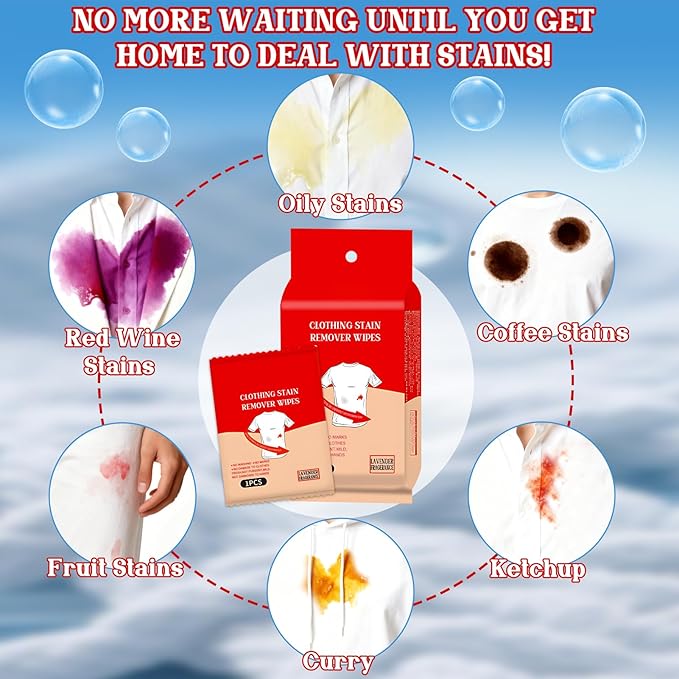 Stain Wipes, Stain Removal Wet Wipes Quick-Cleaning No Water Needed Gentle on Clothes Individually Packaged Compact and Portable for Travel Restaurant Office, 20Pieces