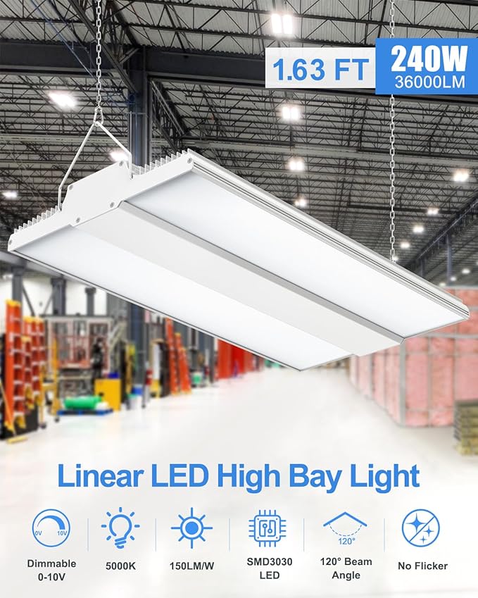 ADUB 240W LED High Bay Shop Light UL DLC Listed, 1.63 FT Linear Hanging Shop Lights Dimmable 0-10V, 36,000LM 5000K Commercial LED Warehouse High Bay Lighting for Factory Workshop Garage, AC100-277V