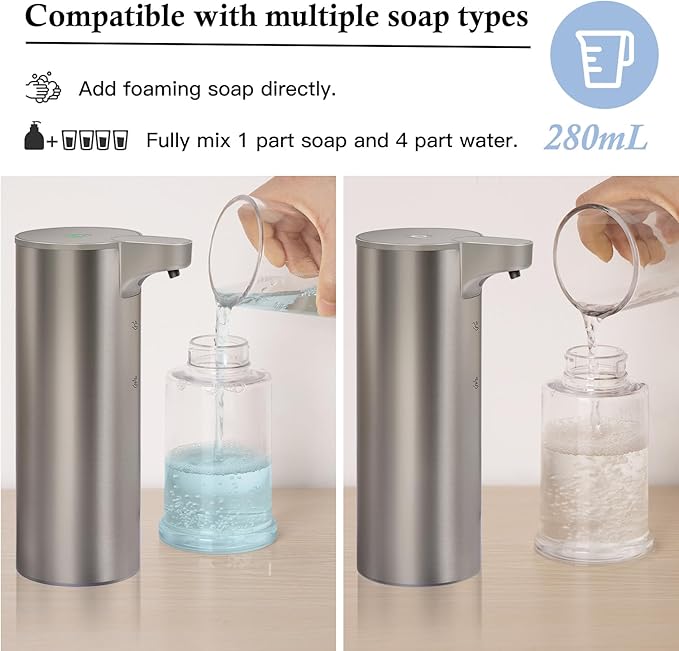 Automatic Foaming Soap Dispenser, Rechargeable Touchless Foam Hand Soap Dispenser for Bathroom, Stainless Steel Soap Pump for Kitchen, Water-Resistant, Xmas Gift 9oz