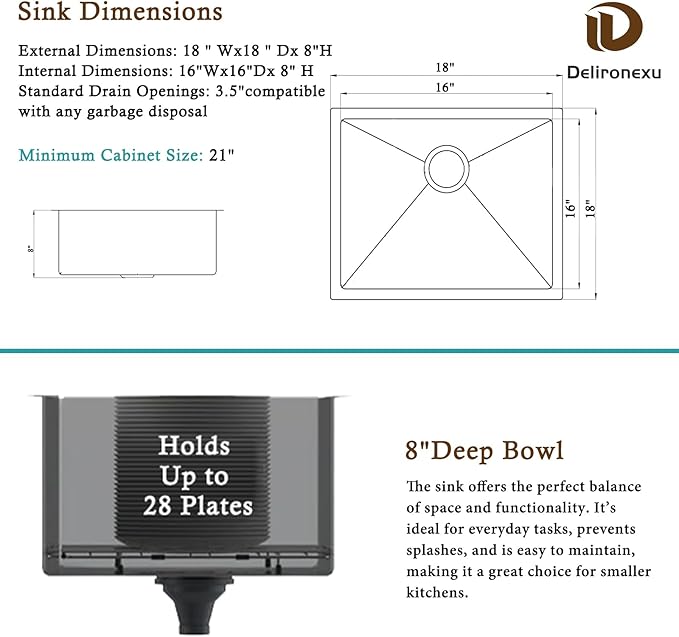 18 Inch Undermount Bar Sink – Delironexu 18 Gauge Stainless Steel Bar Sink, 18x18x8 Small Kitchen sink with Brushed Finish, Wet bar sinks Undermount for RV, Outdoor, and Prep Use